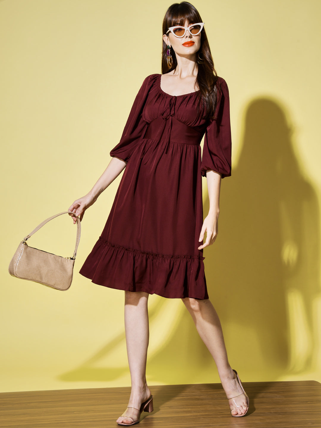 Tie-Up Neck Puff Sleeves Smocked Georgette Midi Dress