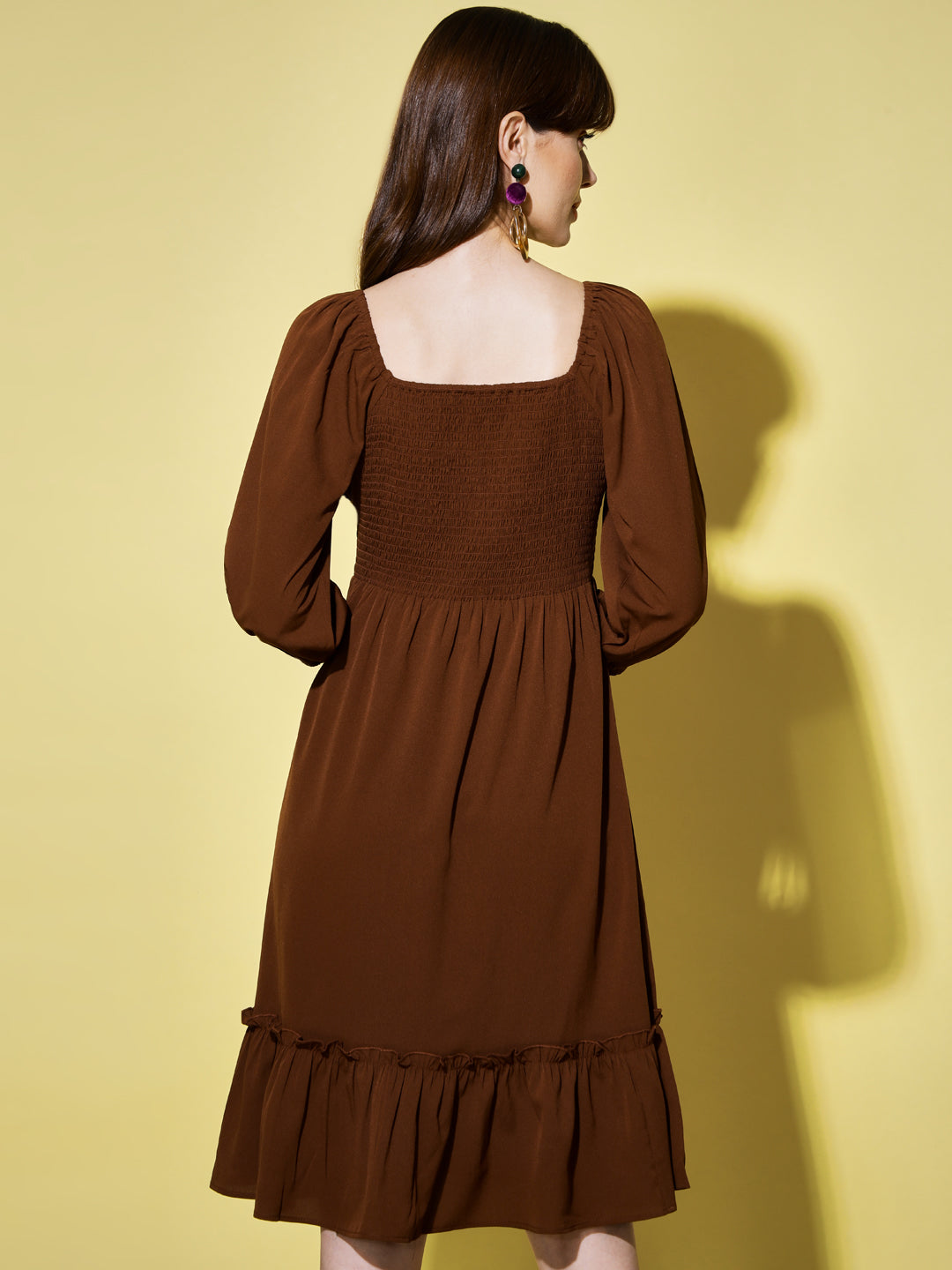 Tie-Up Neck Puff Sleeves Smocked Brown Georgette Midi Dress