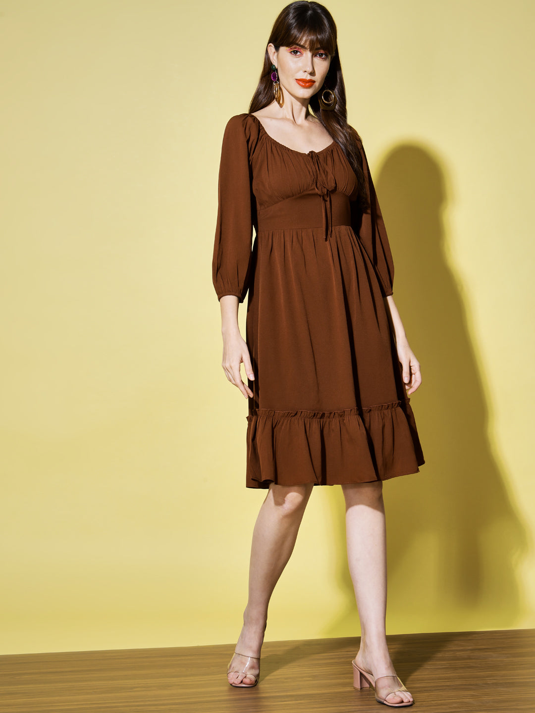 Tie-Up Neck Puff Sleeves Smocked Brown Georgette Midi Dress