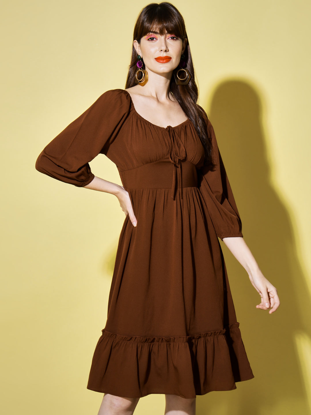 Tie-Up Neck Puff Sleeves Smocked Brown Georgette Midi Dress