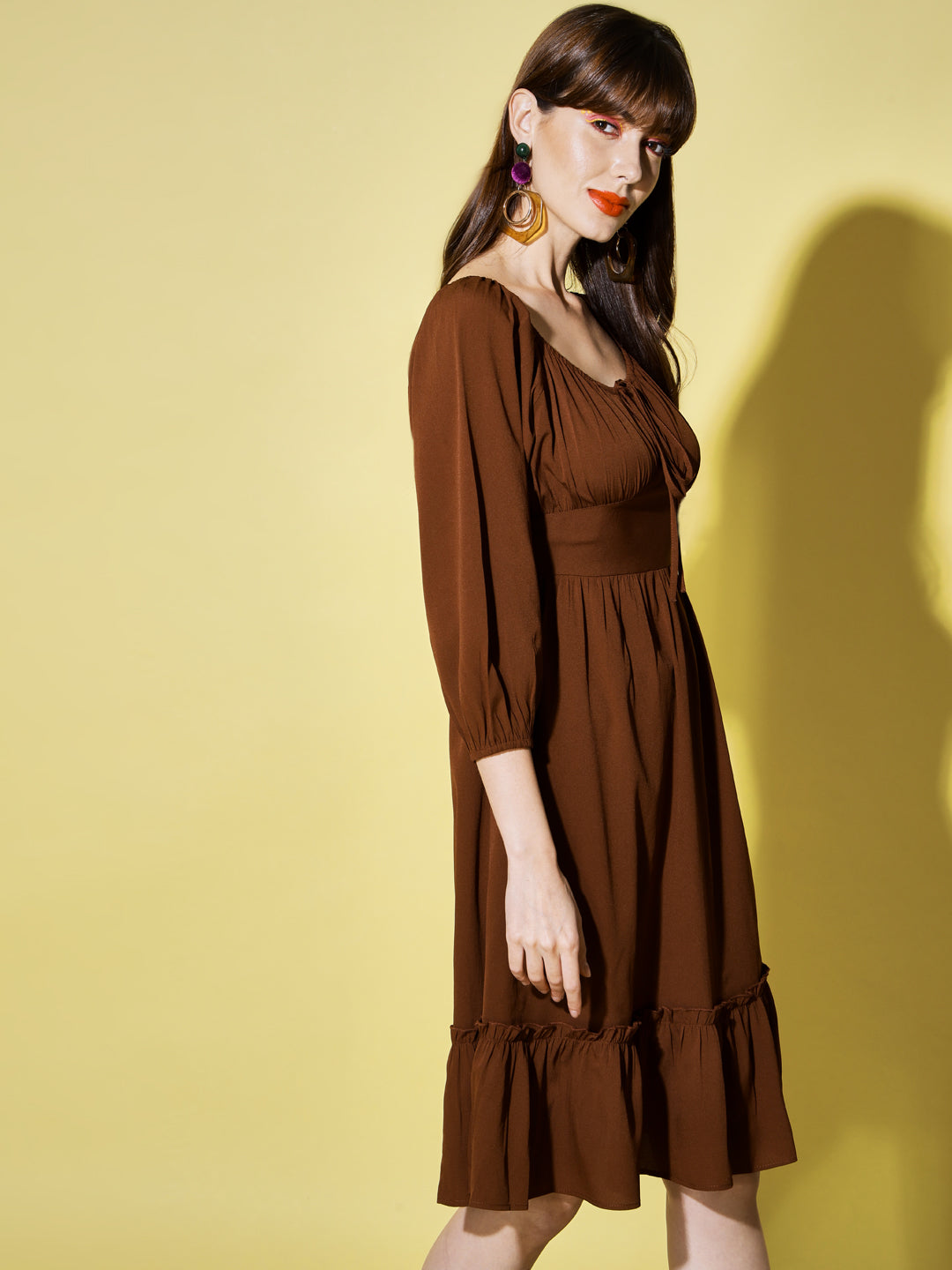 Tie-Up Neck Puff Sleeves Smocked Brown Georgette Midi Dress