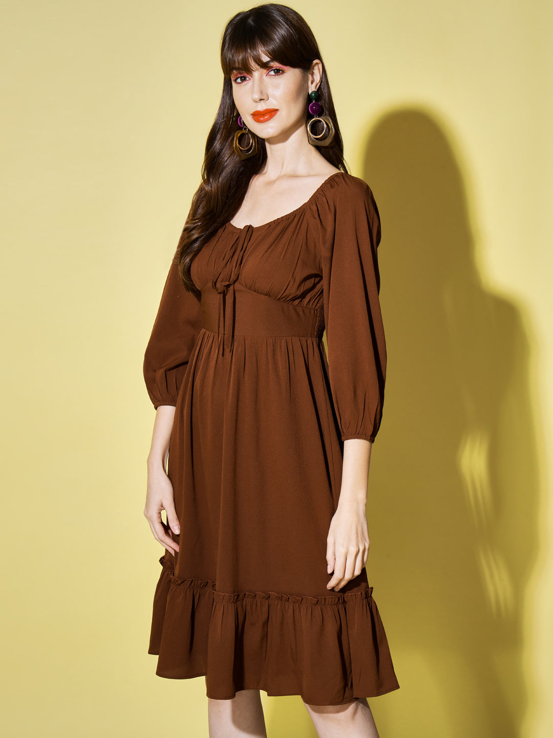 Tie-Up Neck Puff Sleeves Smocked Brown Georgette Midi Dress