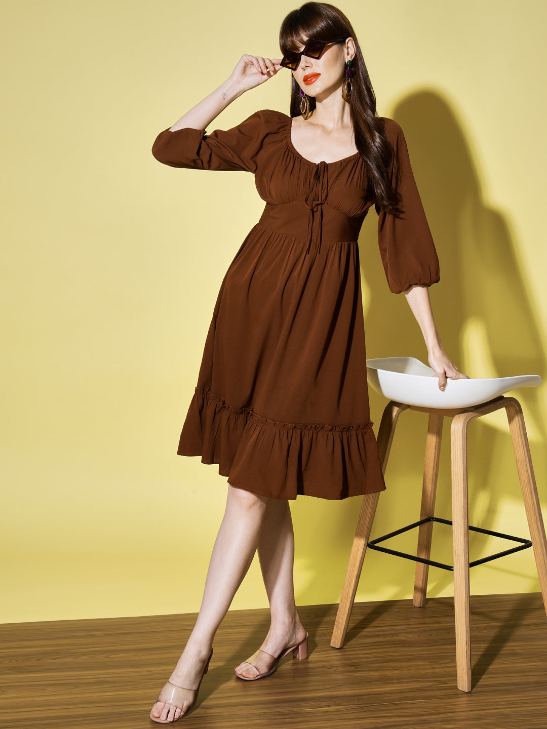 Tie-Up Neck Puff Sleeves Smocked Brown Georgette Midi Dress