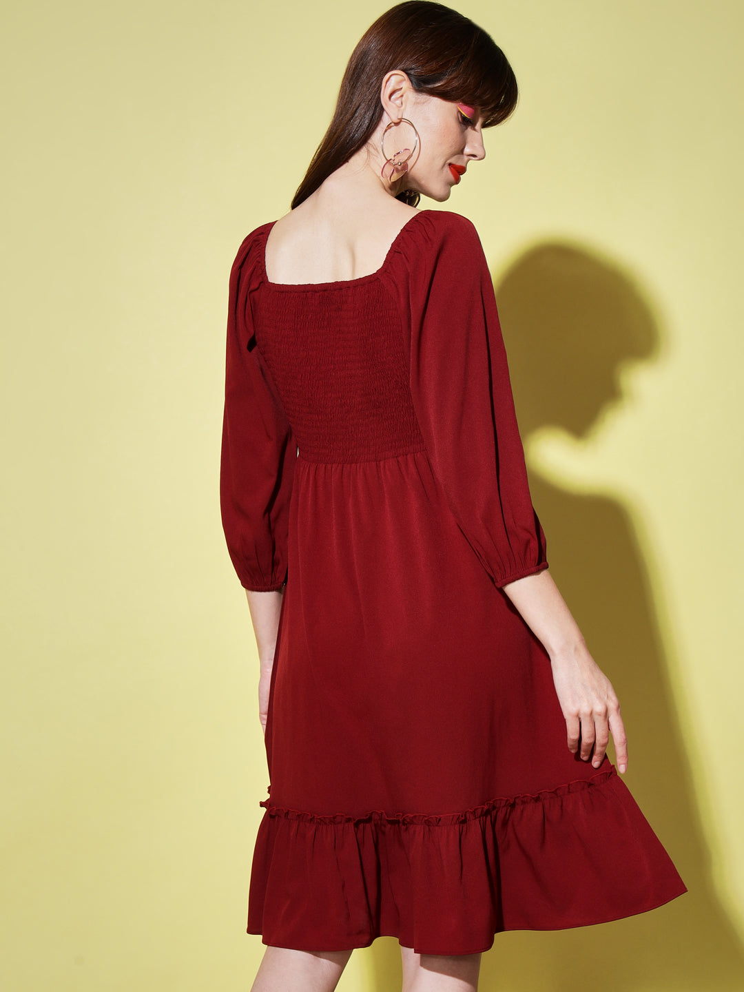 Tie-Up Neck Puff Sleeves Smocked Maroon Georgette Midi Dress