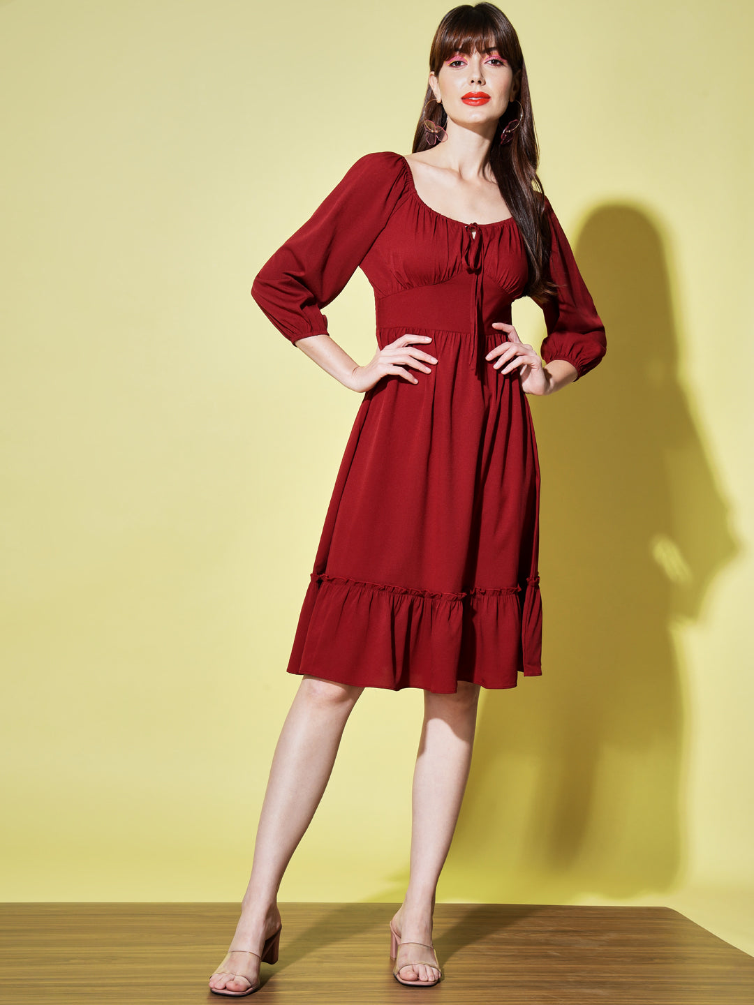 Tie-Up Neck Puff Sleeves Smocked Maroon Georgette Midi Dress