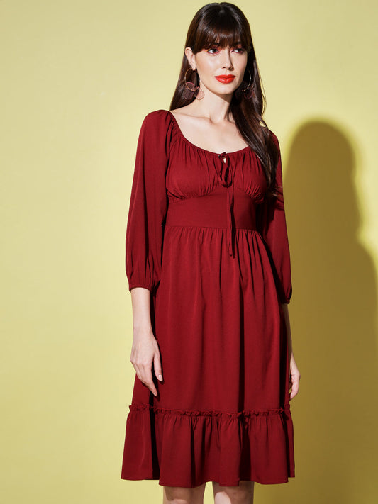 Tie-Up Neck Puff Sleeves Smocked Maroon Georgette Midi Dress