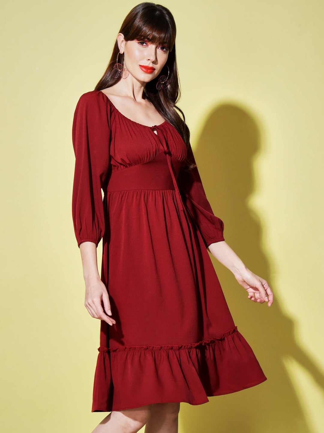 Tie-Up Neck Puff Sleeves Smocked Maroon Georgette Midi Dress