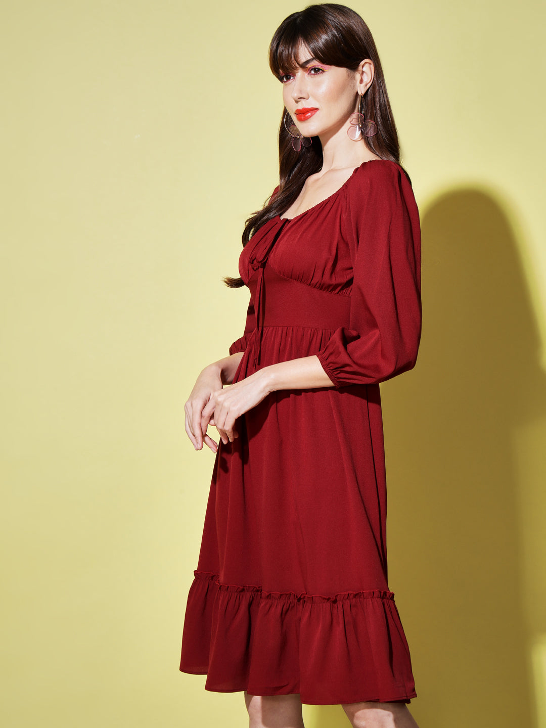 Tie-Up Neck Puff Sleeves Smocked Maroon Georgette Midi Dress