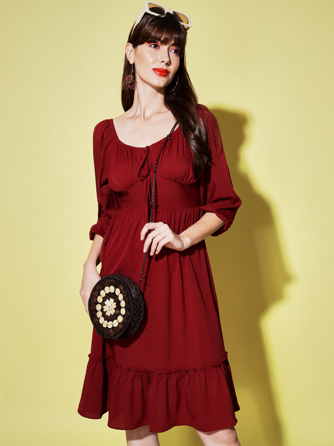 Tie-Up Neck Puff Sleeves Smocked Maroon Georgette Midi Dress