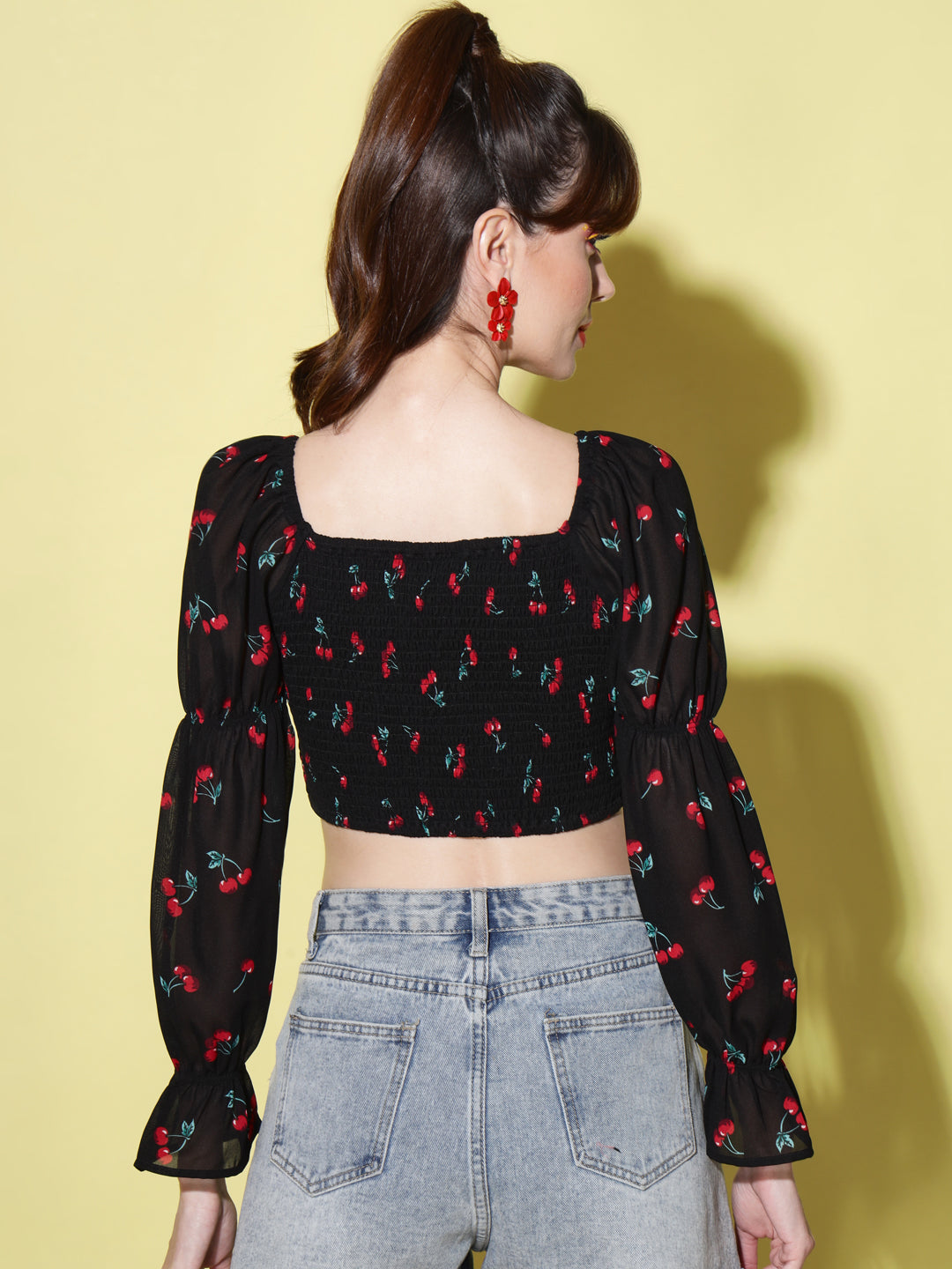 Black Print Tie-Up Neck Smocked Georgette Blouson Crop Top