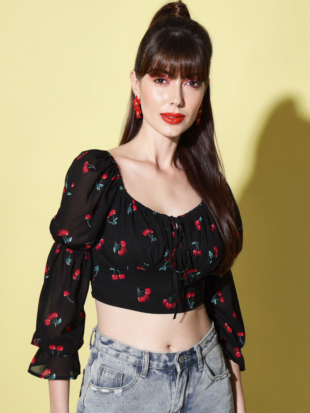 Black Print Tie-Up Neck Smocked Georgette Blouson Crop Top