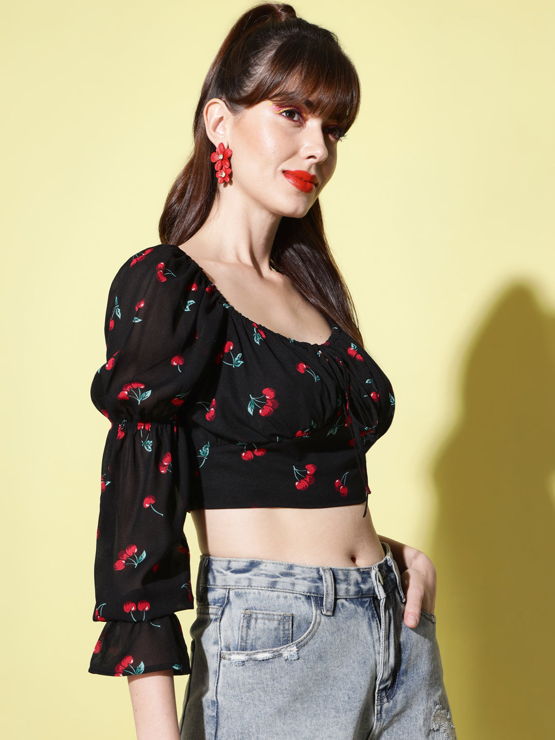 Black Print Tie-Up Neck Smocked Georgette Blouson Crop Top