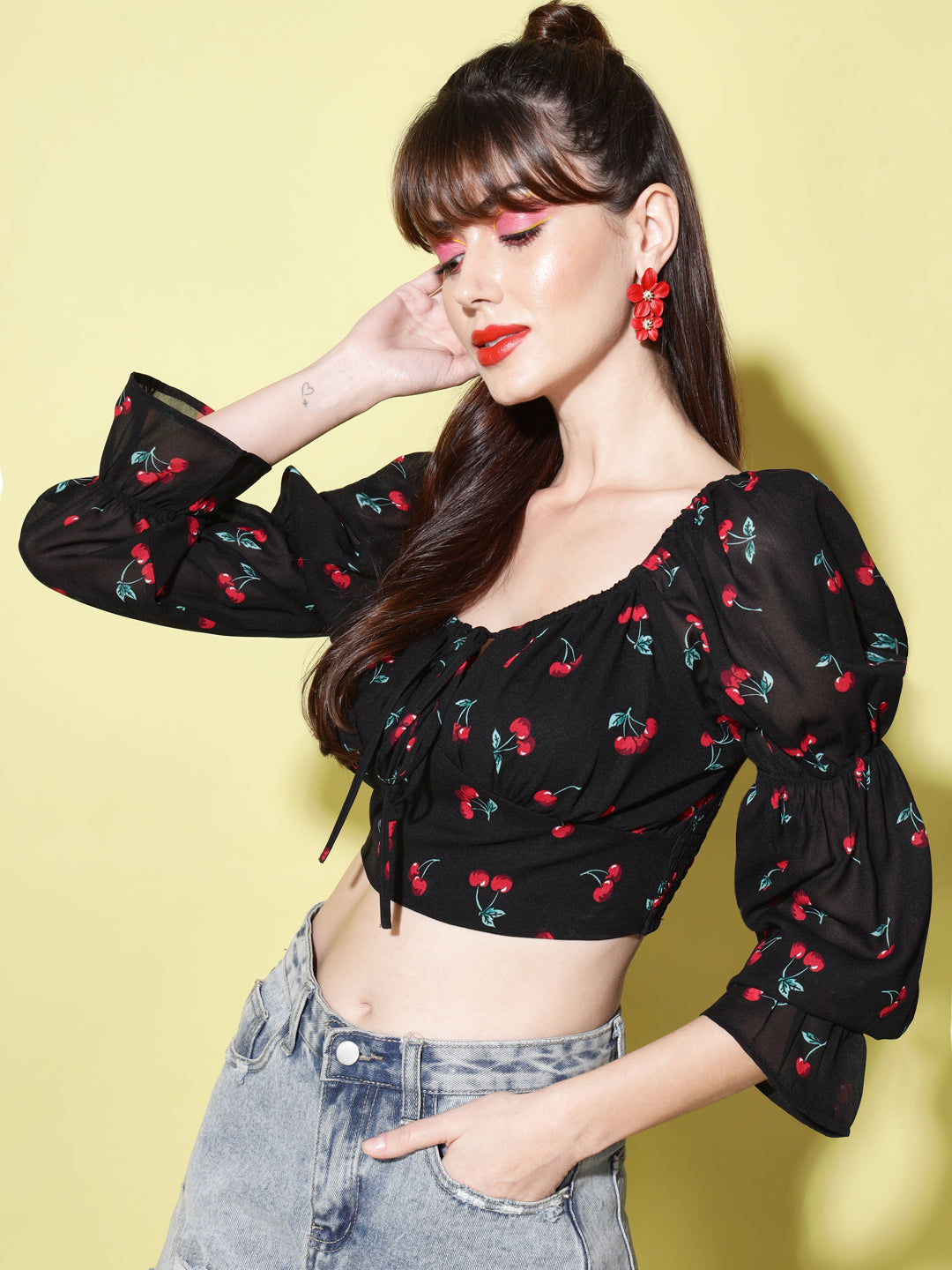 Black Print Tie-Up Neck Smocked Georgette Blouson Crop Top