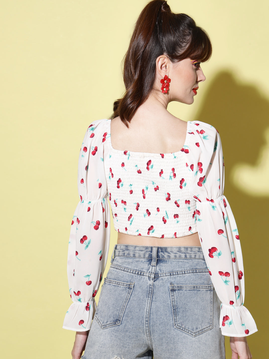 White Print Tie-Up Neck Smocked Georgette Blouson Crop Top