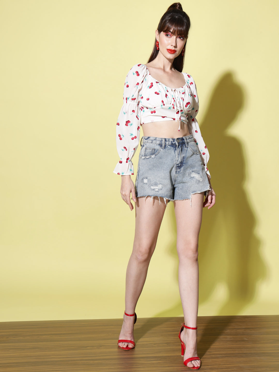 White Print Tie-Up Neck Smocked Georgette Blouson Crop Top