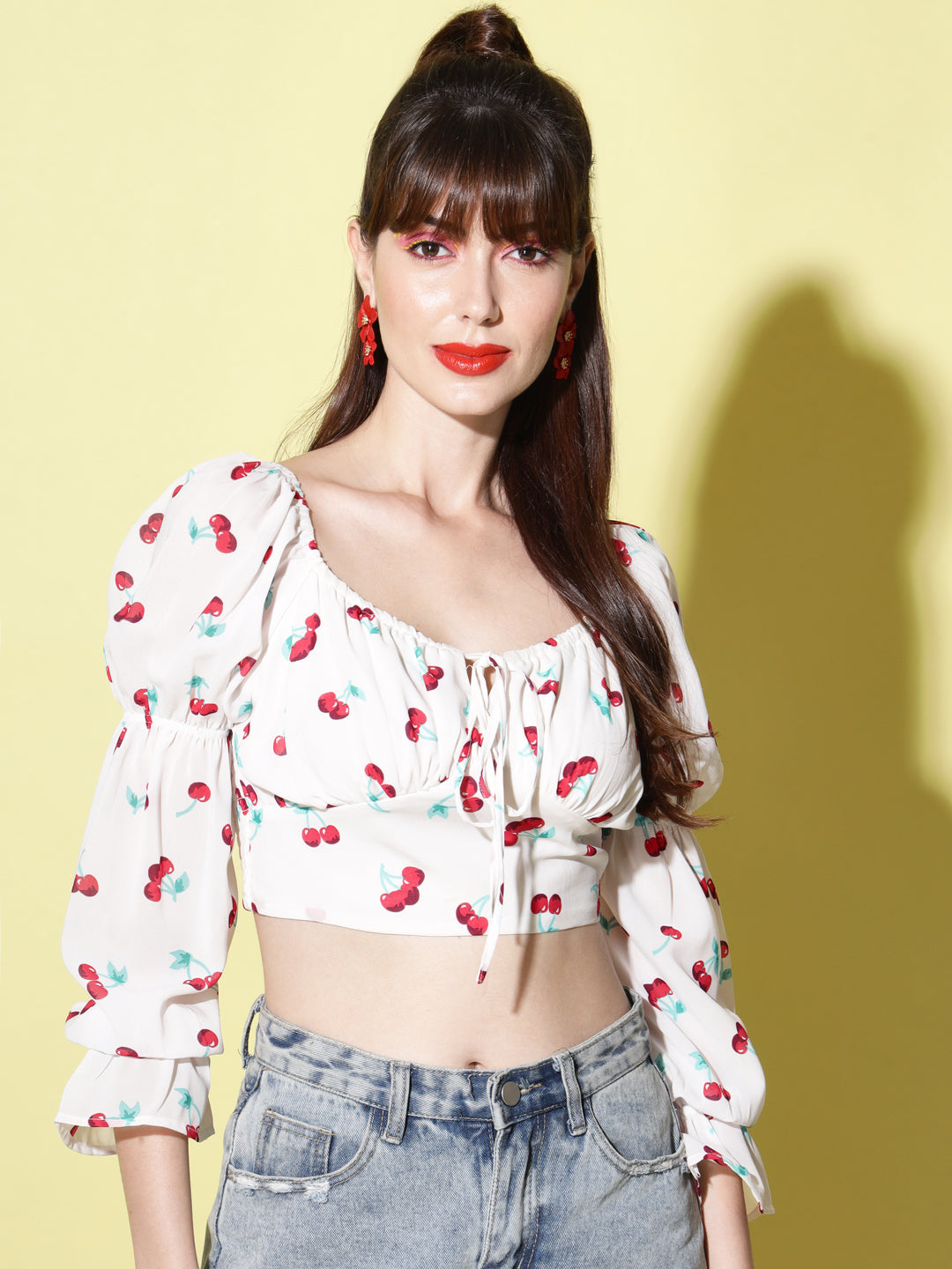 White Print Tie-Up Neck Smocked Georgette Blouson Crop Top