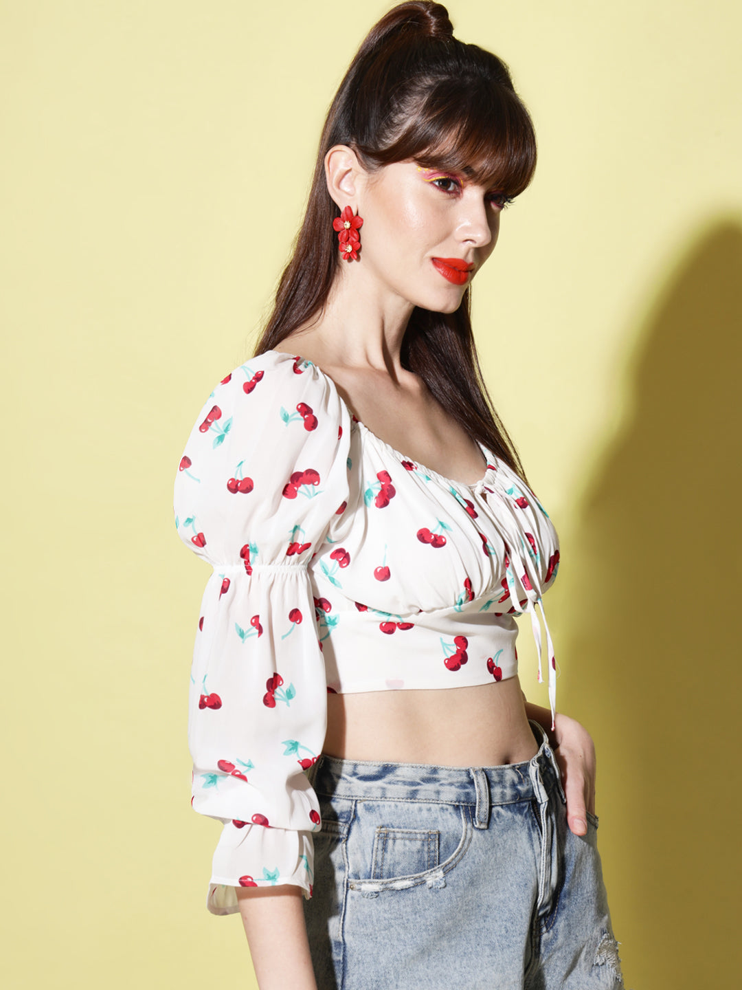 White Print Tie-Up Neck Smocked Georgette Blouson Crop Top