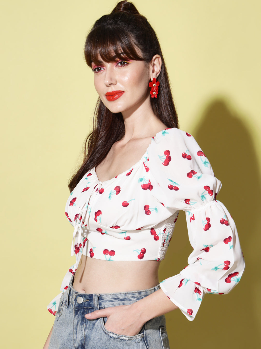 White Print Tie-Up Neck Smocked Georgette Blouson Crop Top