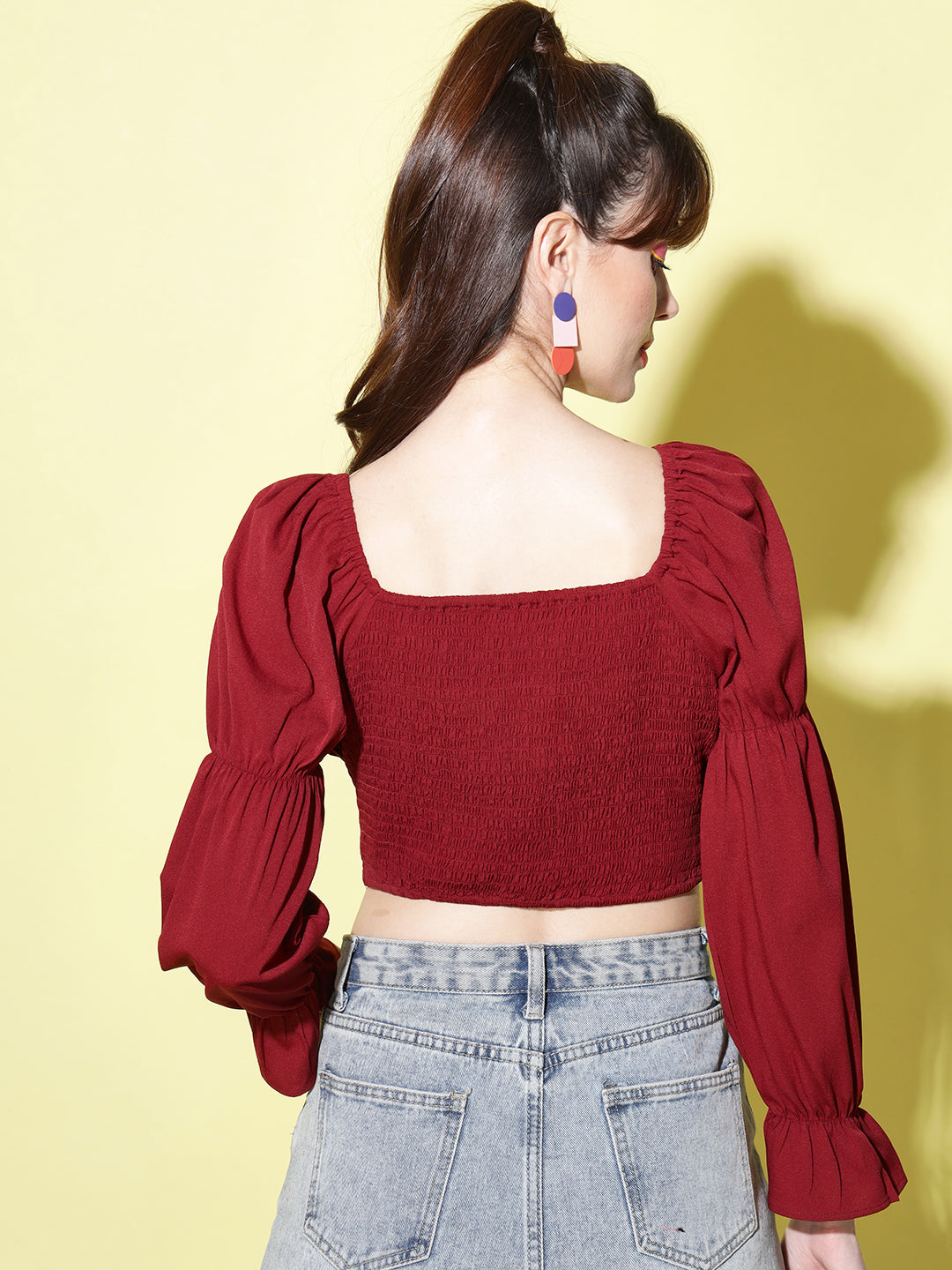 Maroon Tie-Up Neck Smocked Crepe Blouson Crop Top