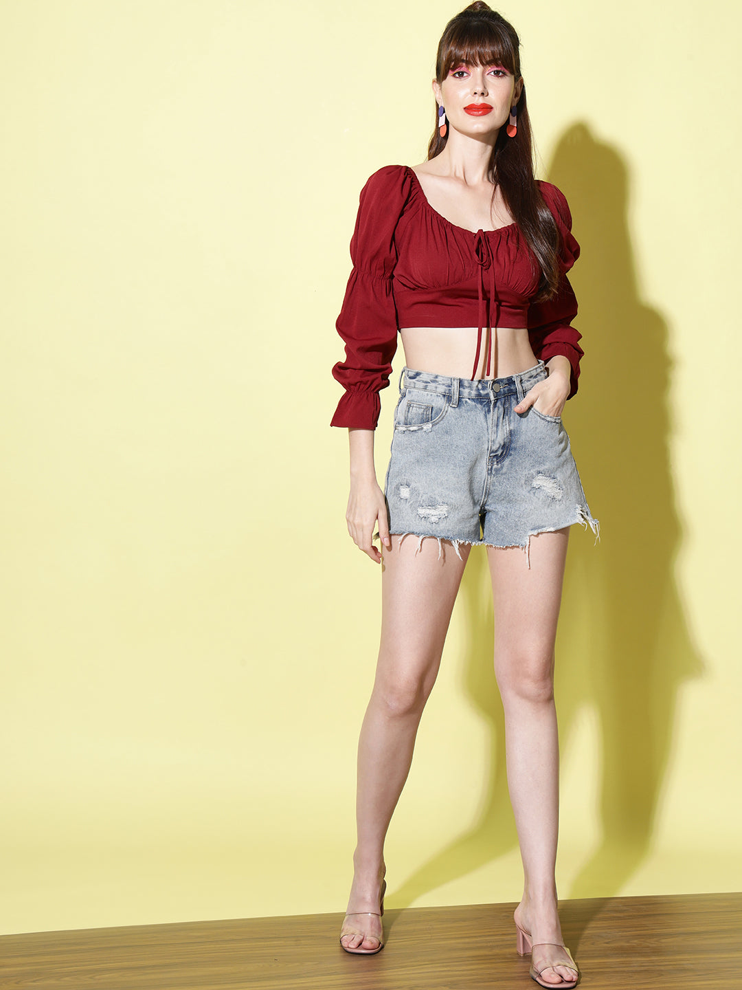 Maroon Tie-Up Neck Smocked Crepe Blouson Crop Top