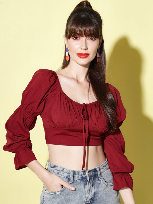 Maroon Tie-Up Neck Smocked Crepe Blouson Crop Top