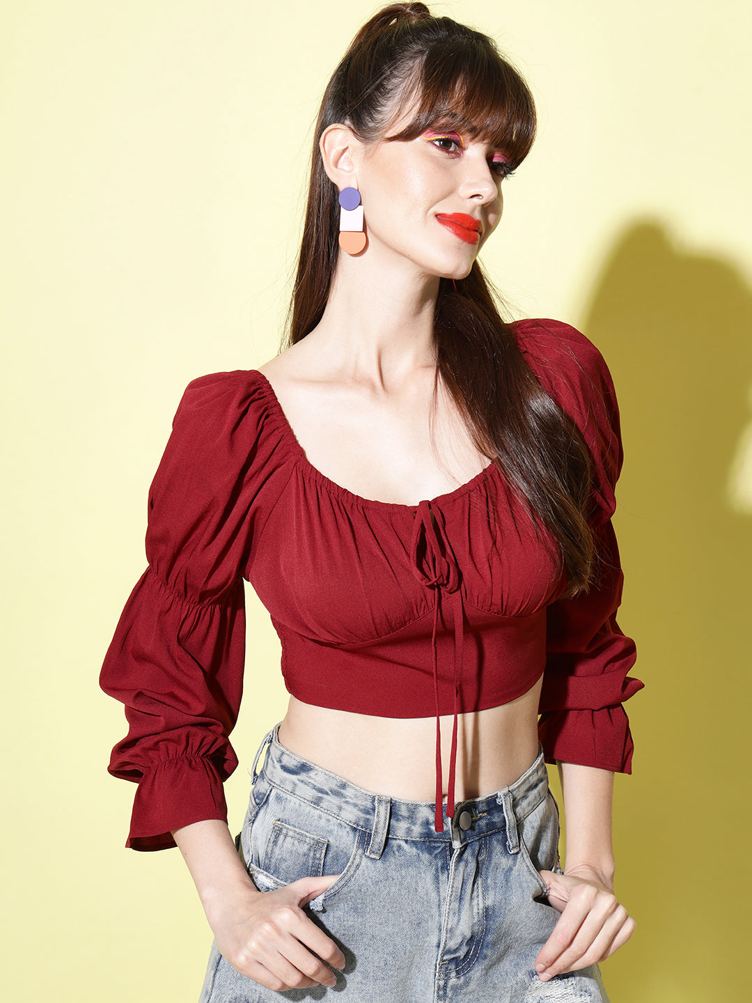 Maroon Tie-Up Neck Smocked Crepe Blouson Crop Top