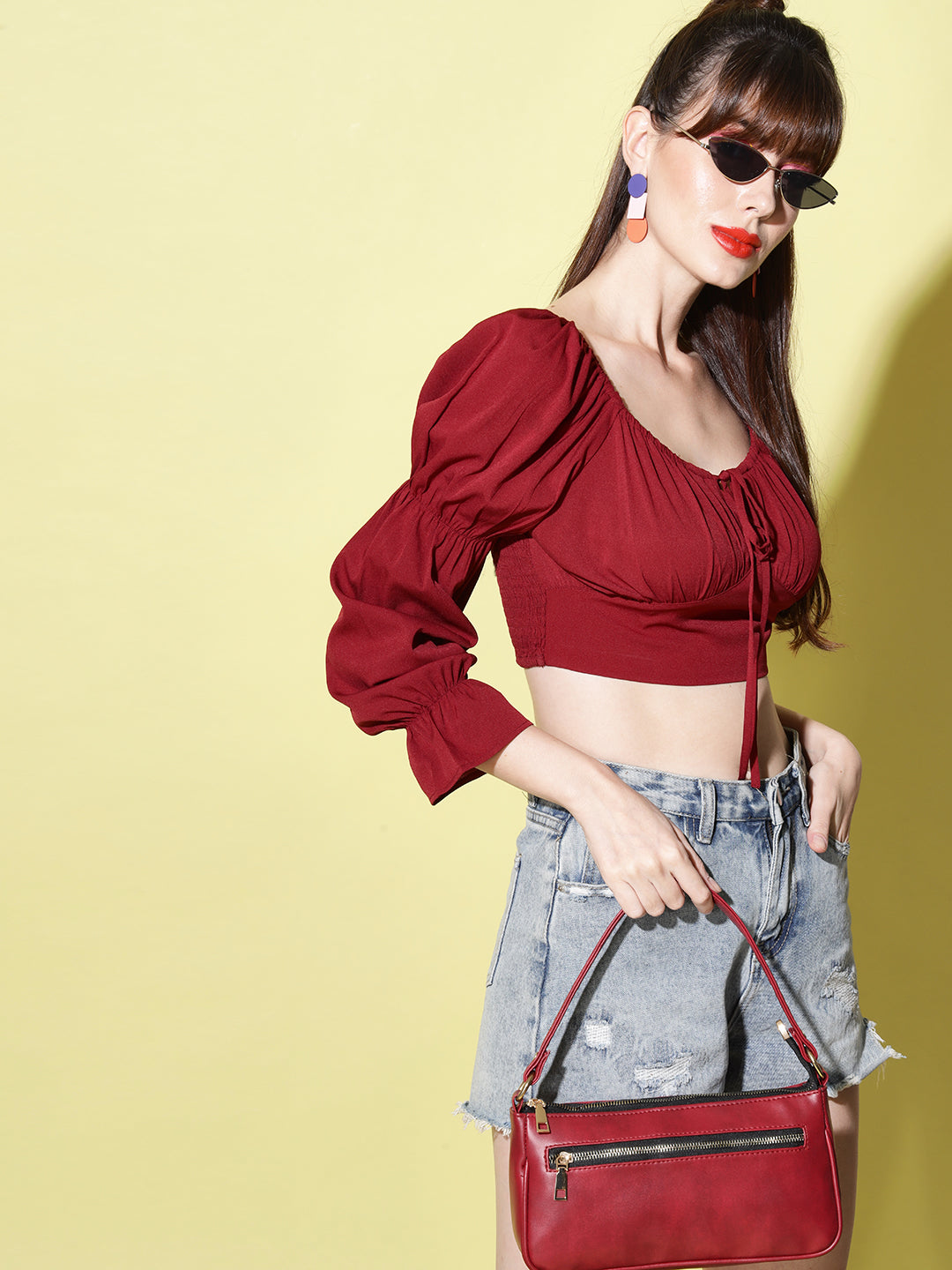 Maroon Tie-Up Neck Smocked Crepe Blouson Crop Top