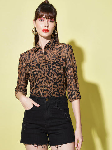 Women Brown Animal Printed Casual Shirt