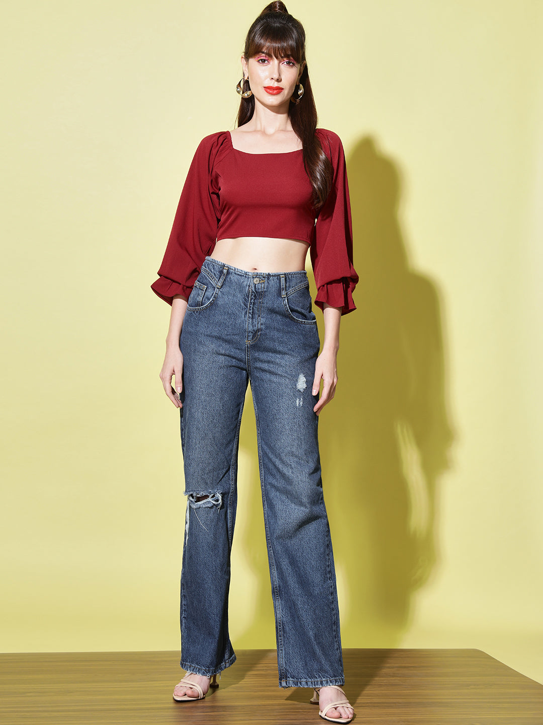 Maroon Solid Crepe Crop Top