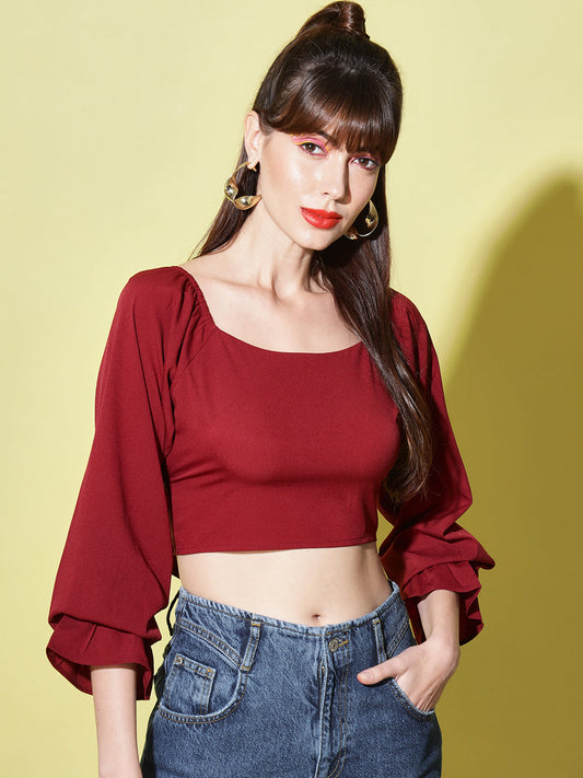 Maroon Solid Crepe Crop Top