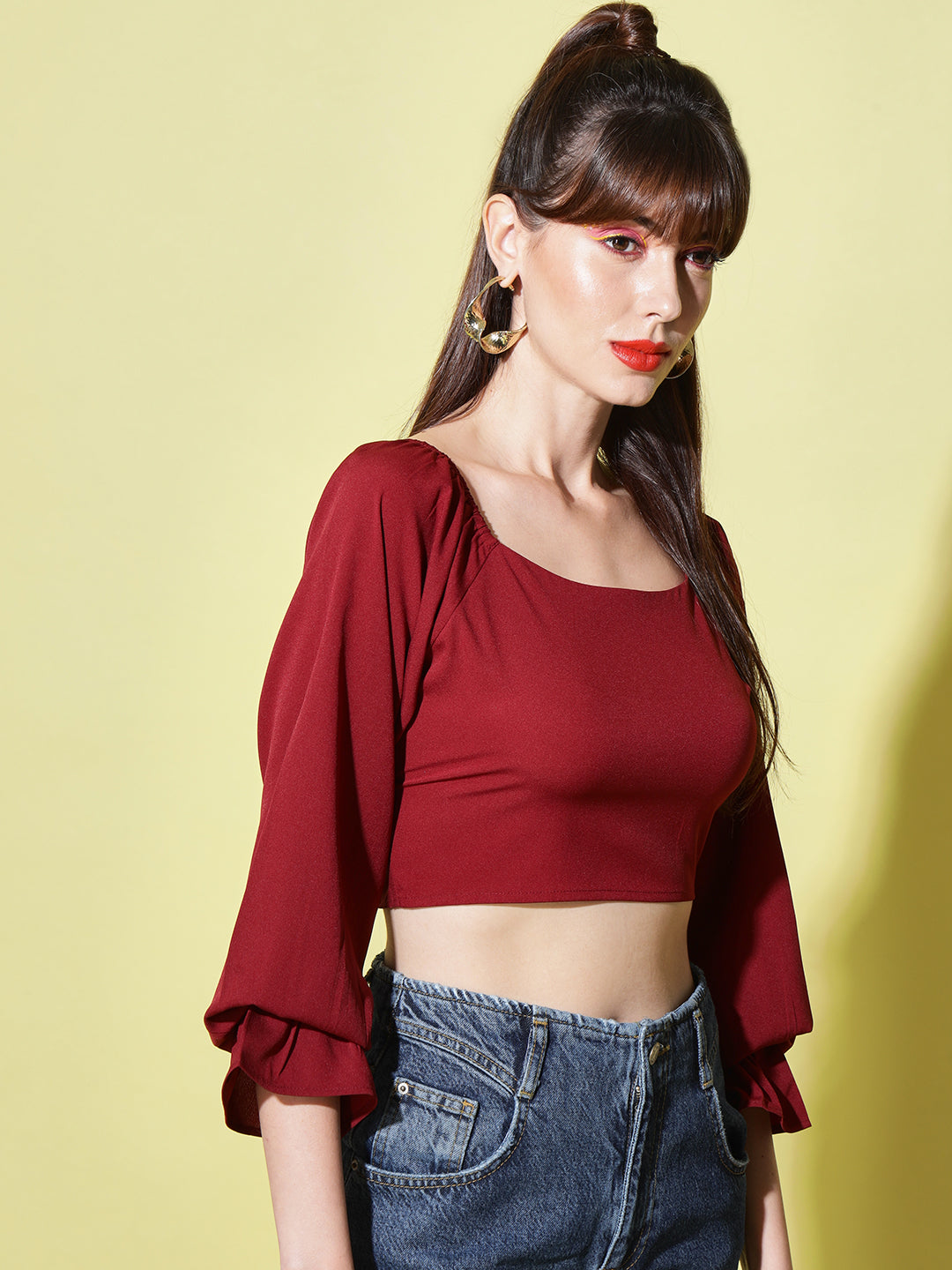 Maroon Solid Crepe Crop Top