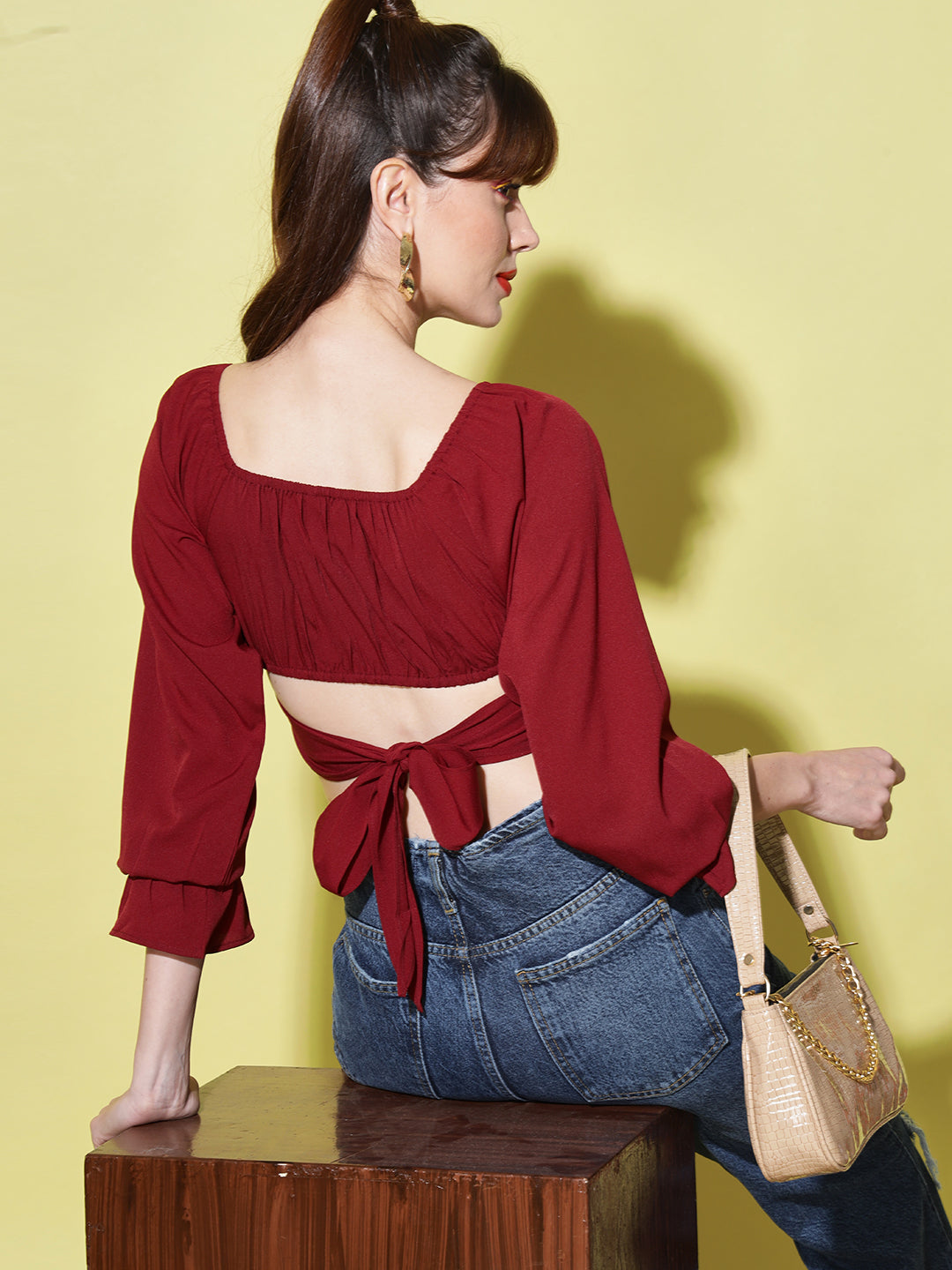 Maroon Solid Crepe Crop Top