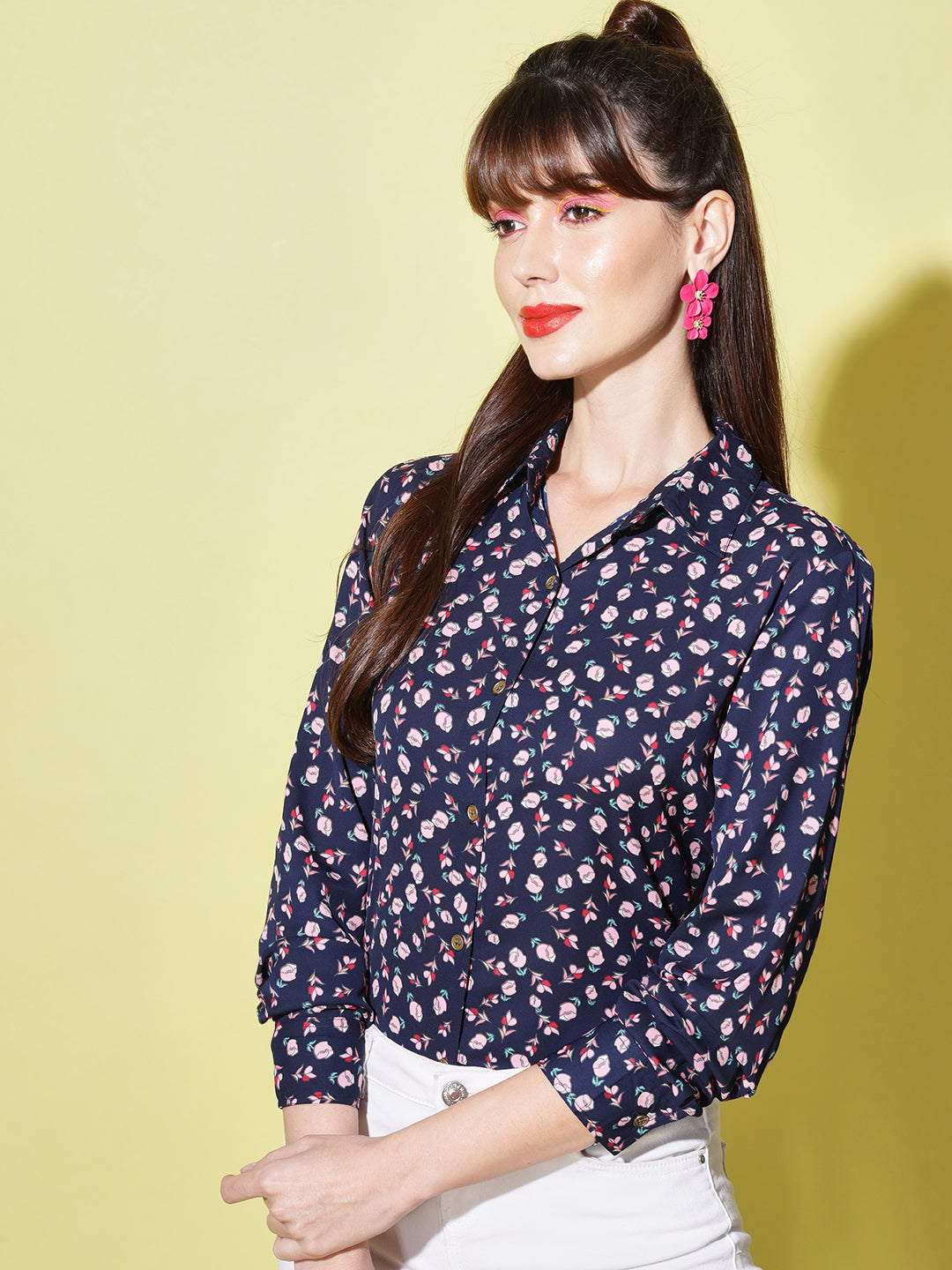 Women Navy Blue Floral Printed Casual Shirt