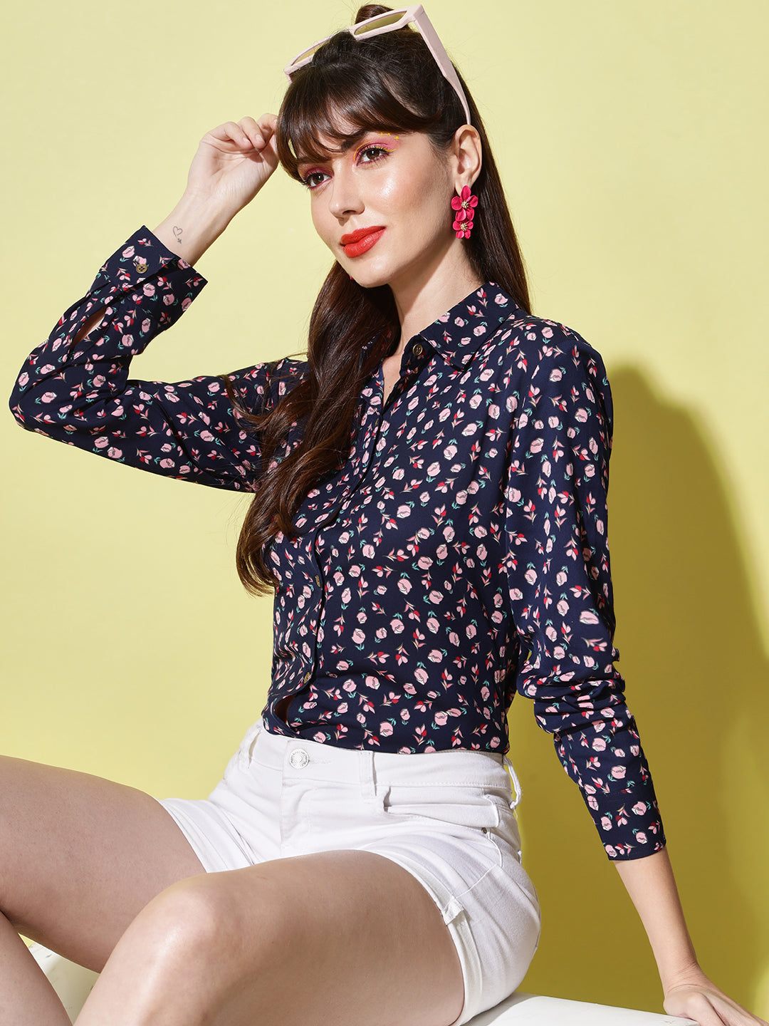 Women Navy Blue Floral Printed Casual Shirt