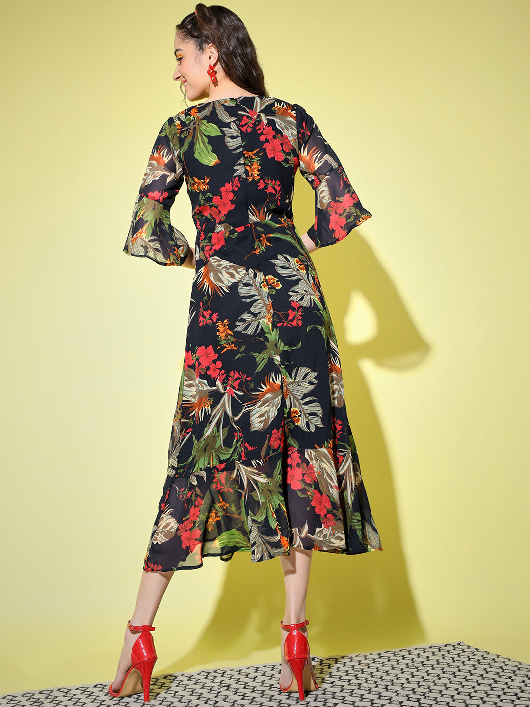 Multicoloured Floral Georgette Midi Dress