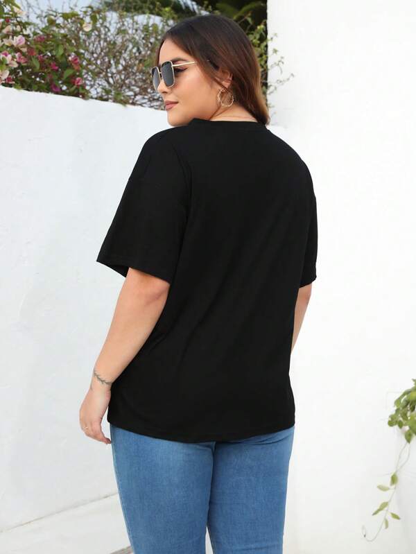 Women's Black Graphic Printed Cotton Drop Shoulder Long T-Shirt