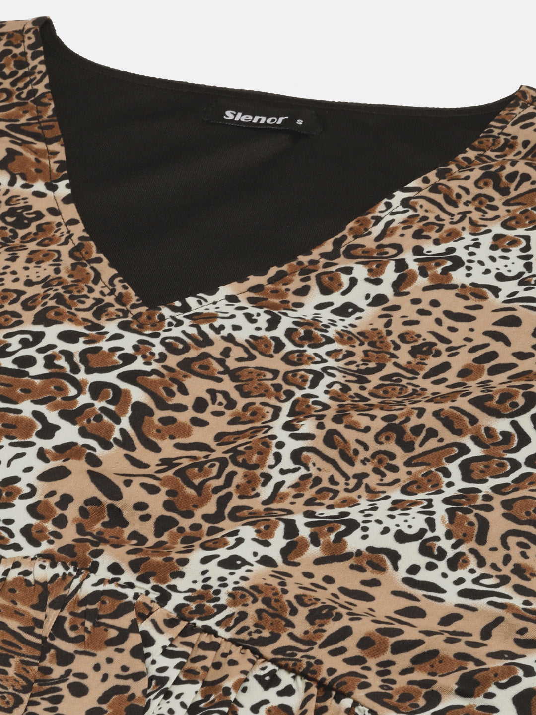 Brown & Black Animal Print Ruffles Crepe Crop Top