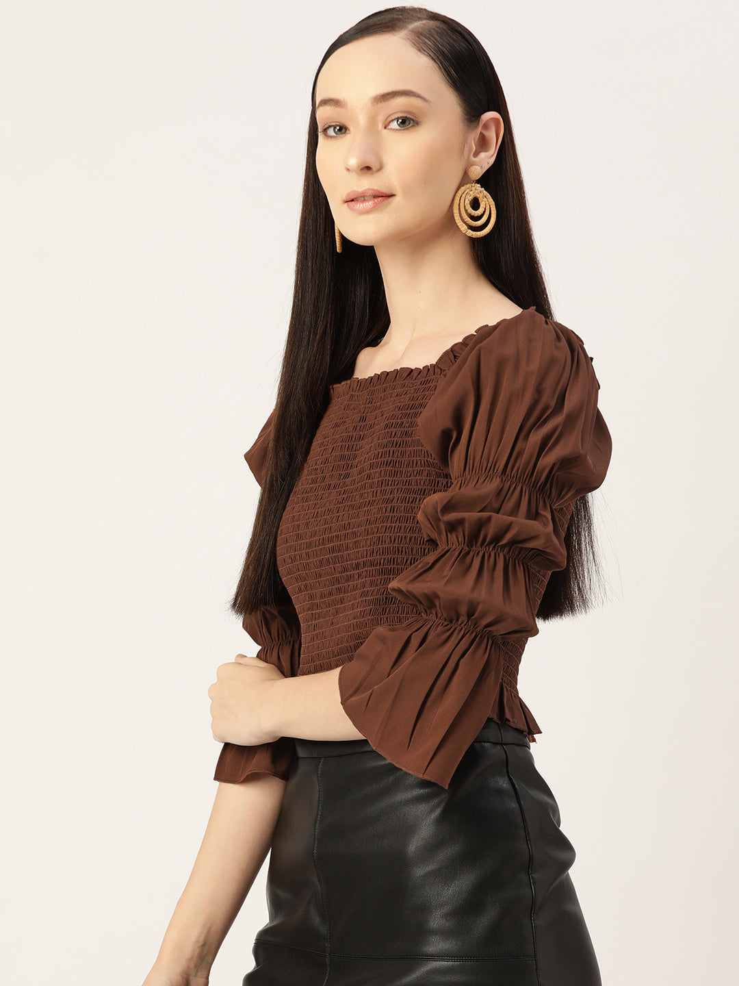 Smocked Brown Crepe Peplum Top