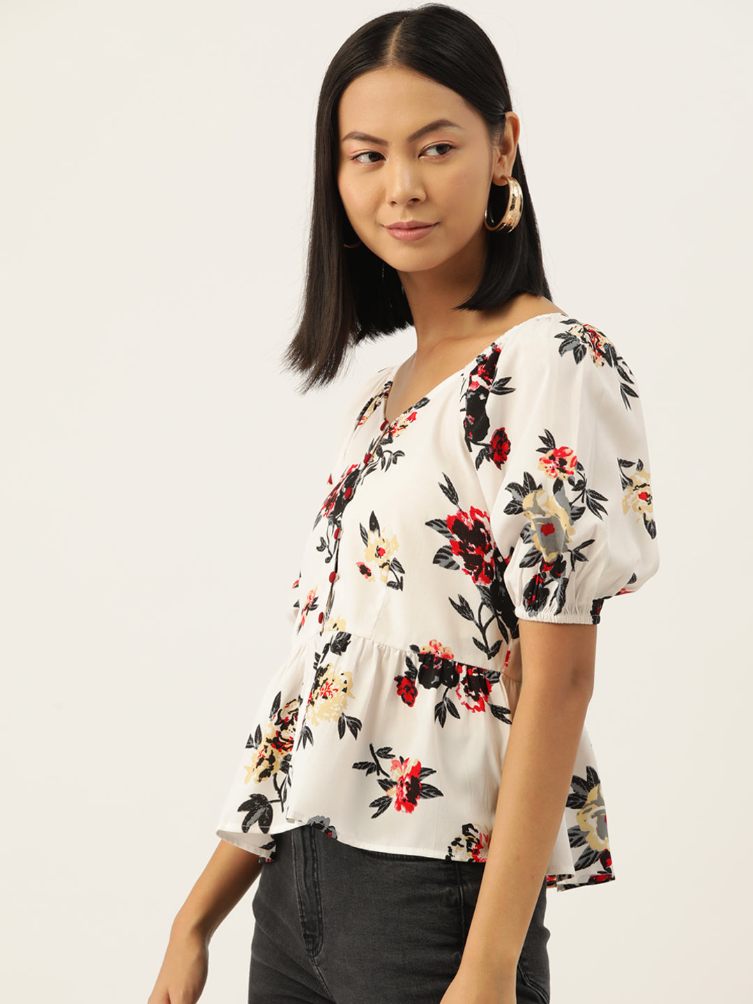 Slenor Floral Print Puff Sleeve Crepe Peplum Top