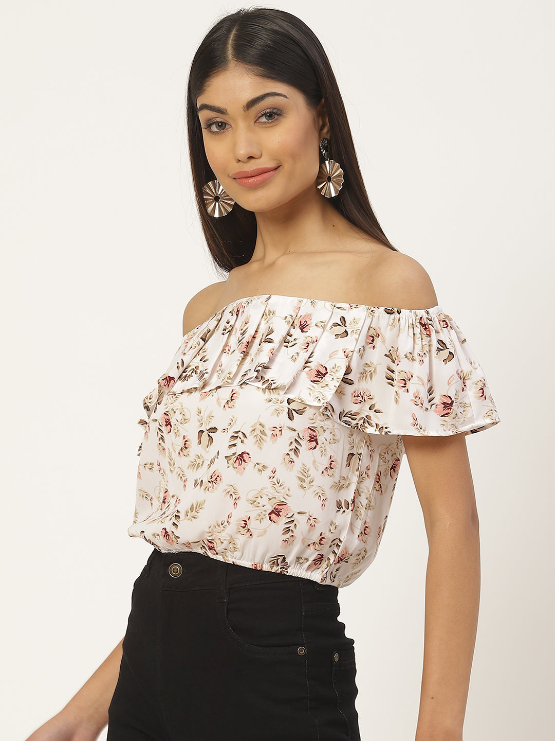 White Floral Print Off-Shoulder Ruffles Bardot Top