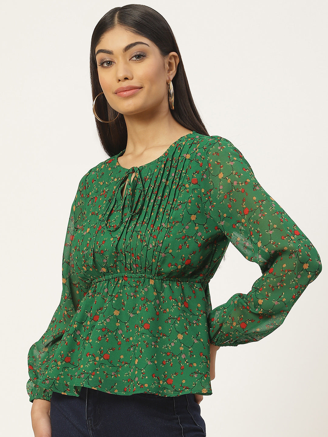 Green Floral Print Tie-Up Neck Georgette Peplum Top