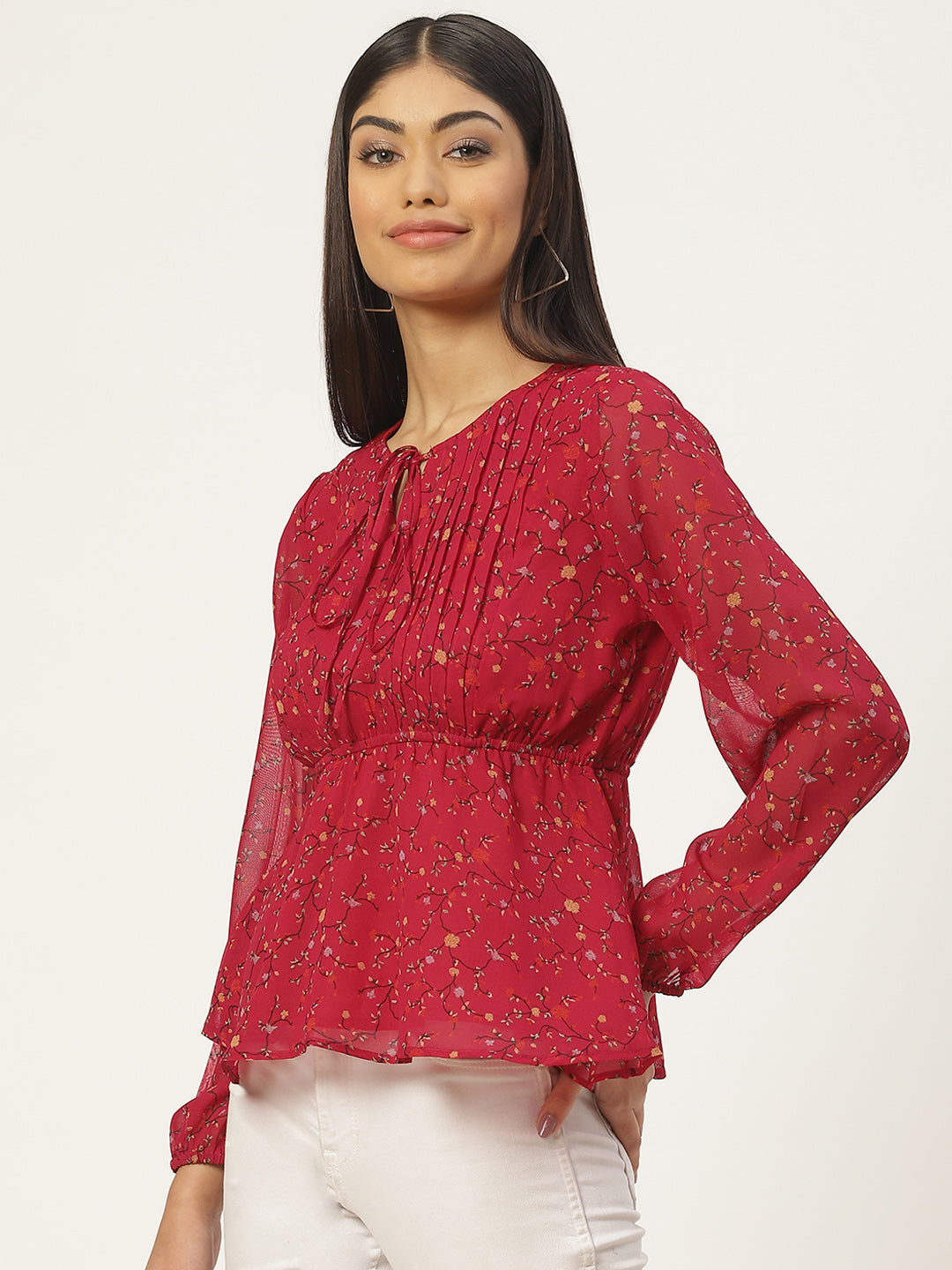 Red Floral Print Tie-Up Neck Georgette Peplum Top