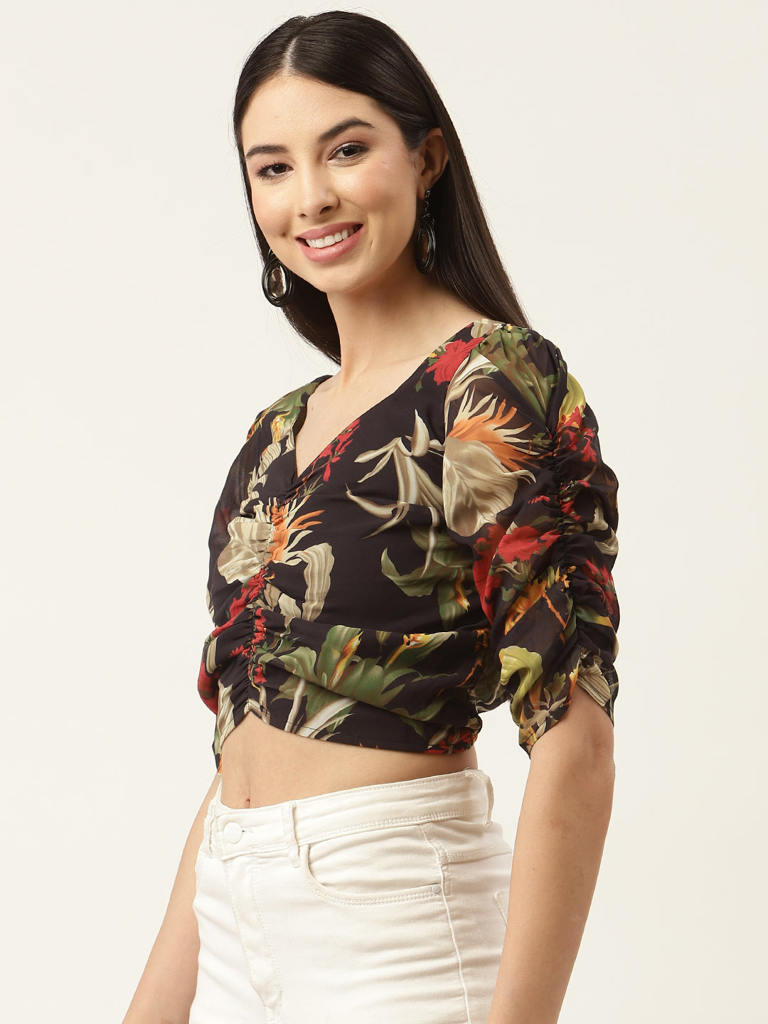 Black & Olive Green Floral Print Georgette Crop Top