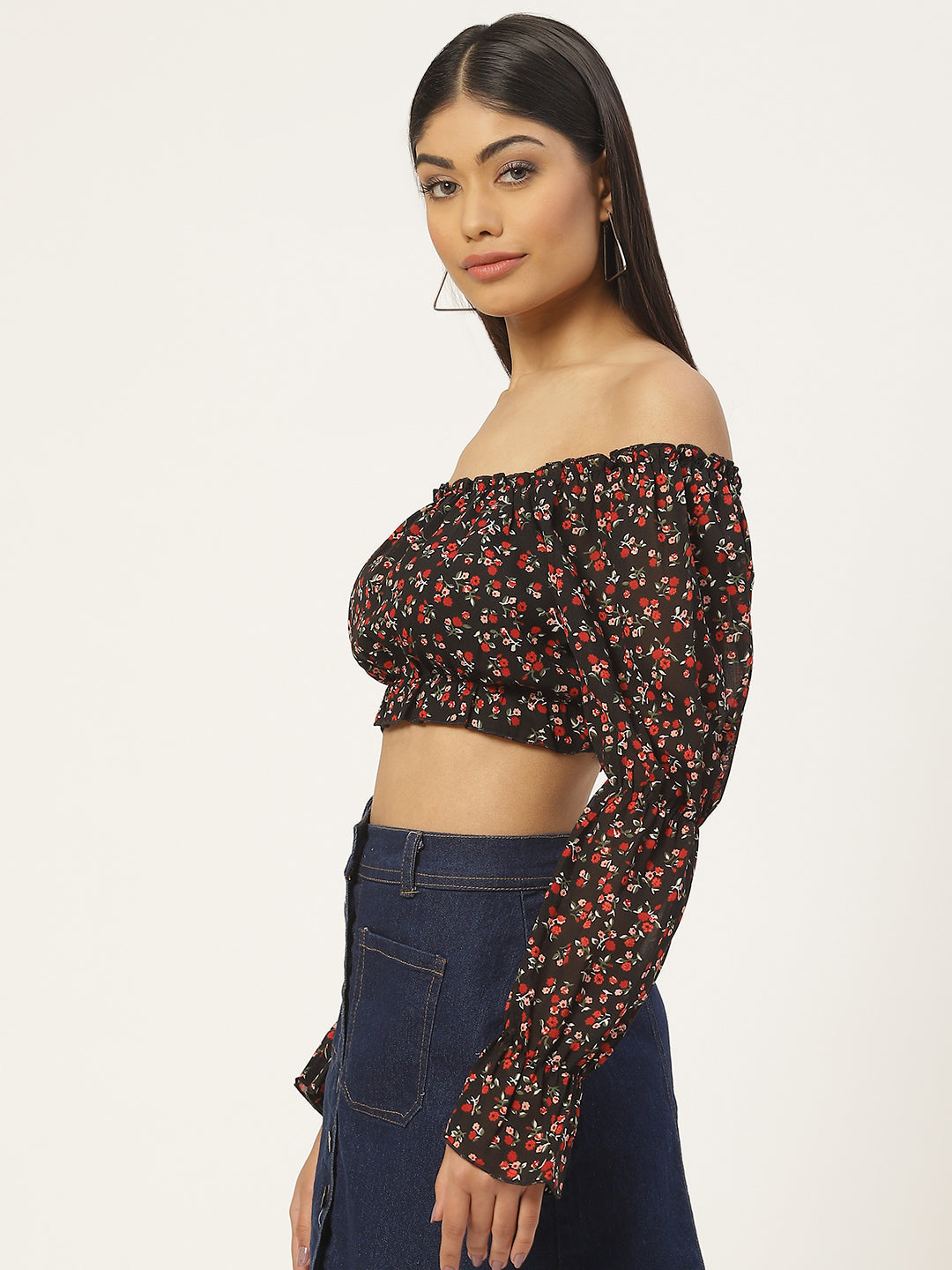 Floral Print Off-Shoulder Georgette Blouson Crop Top