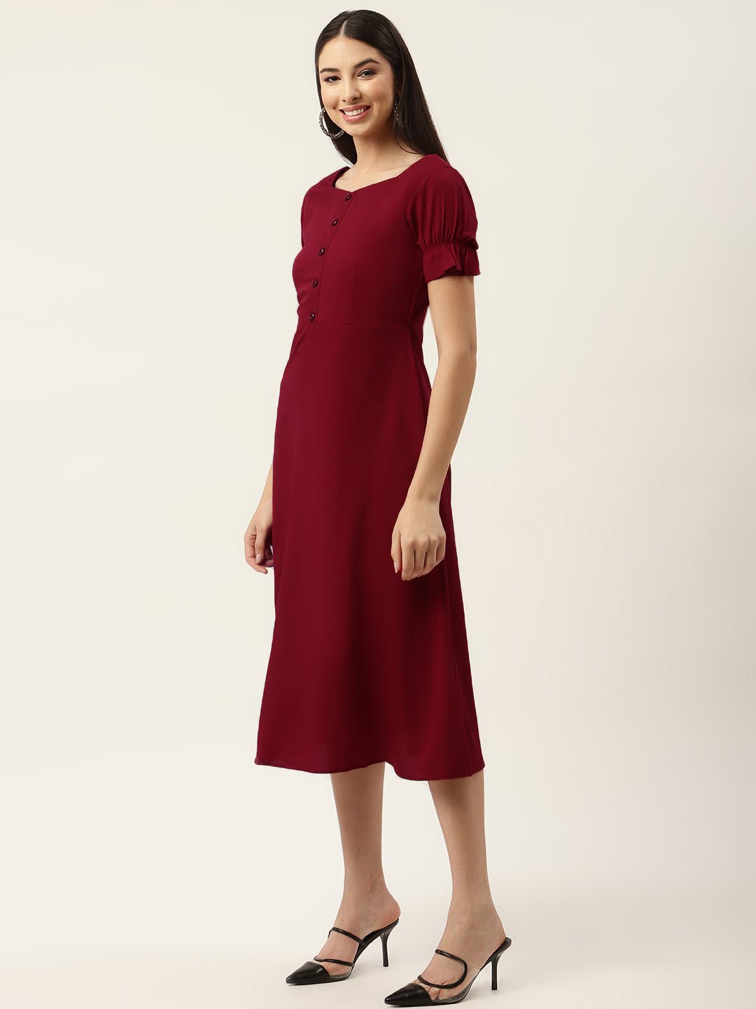 Maroon Crepe Midi Dress