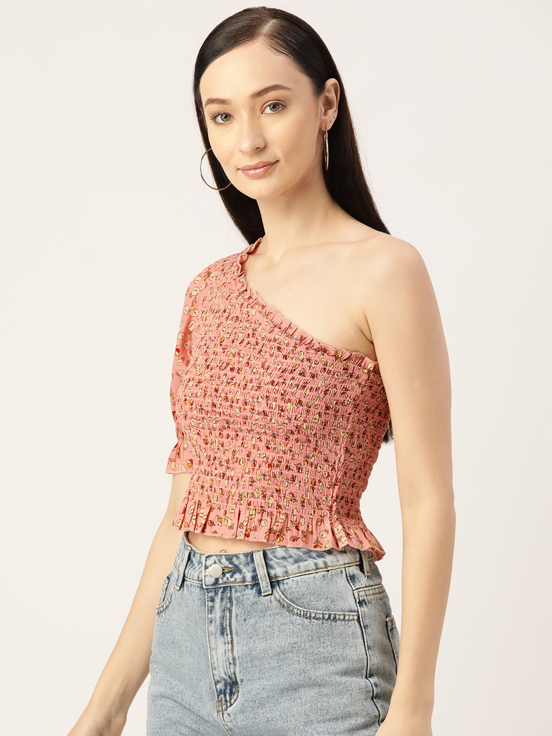 Peach Floral Print Smocked One Shoulder Crepe Top