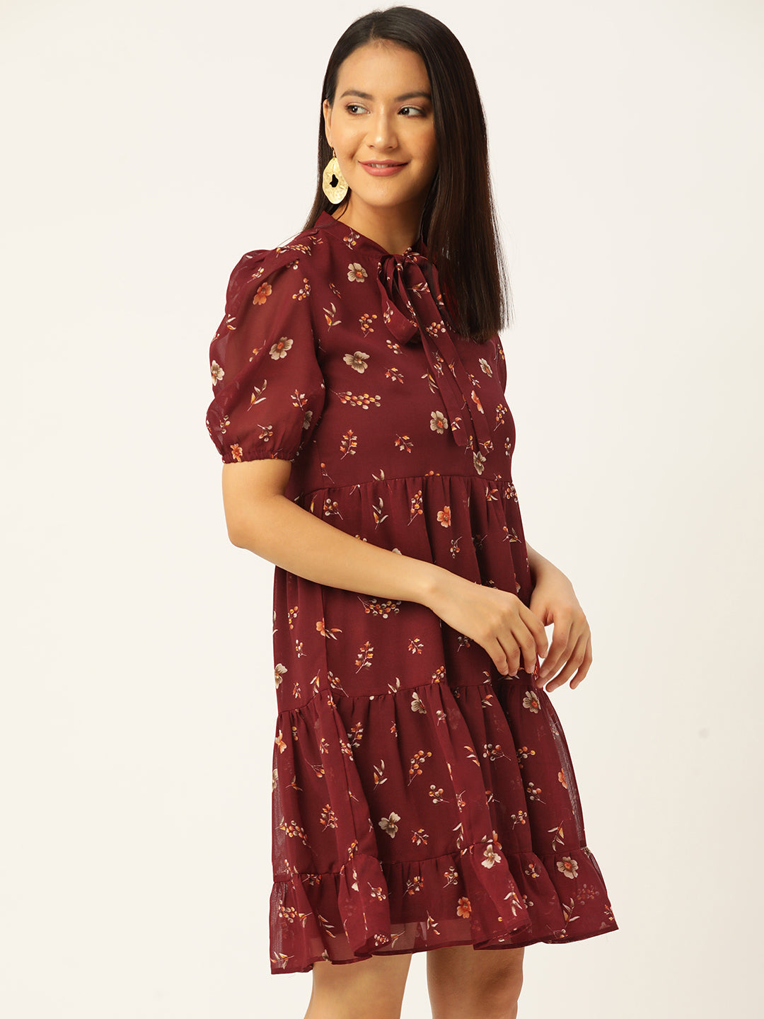 Floral Print Puff Sleeves Tie-Up Neck Georgette A-Line Dress