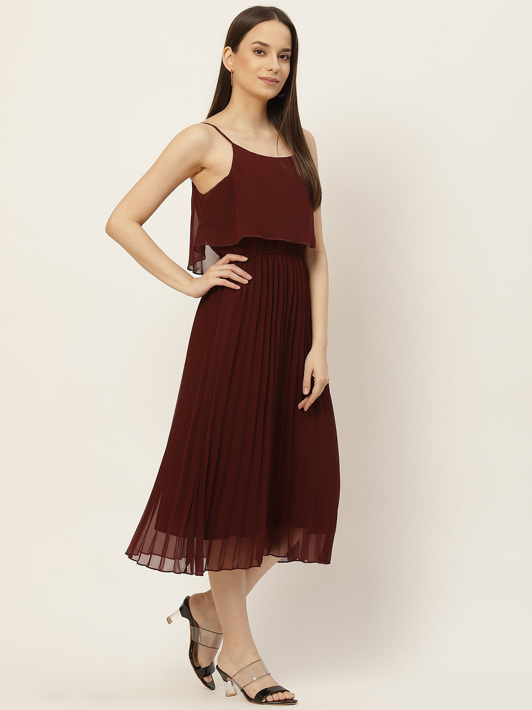 Women A-line Brown Pleated Dress