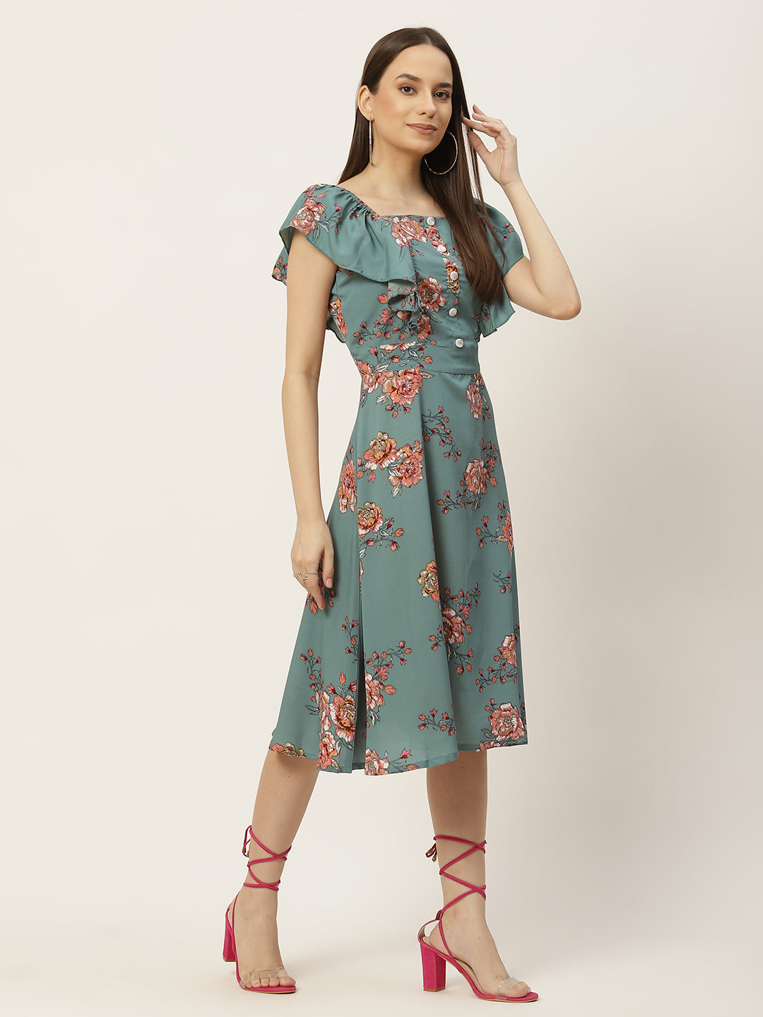 Multicoloured Floral Printed Midi Dress