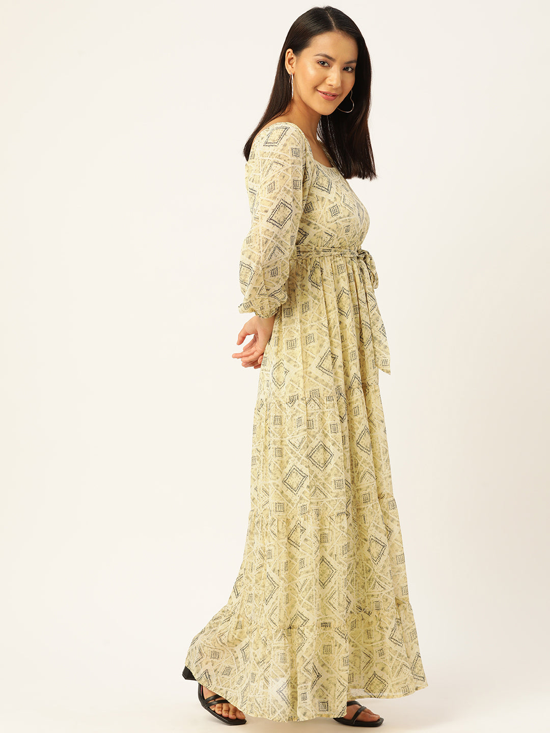 Geometric Printed Puff Sleeves Georgette A-Line Maxi Dress